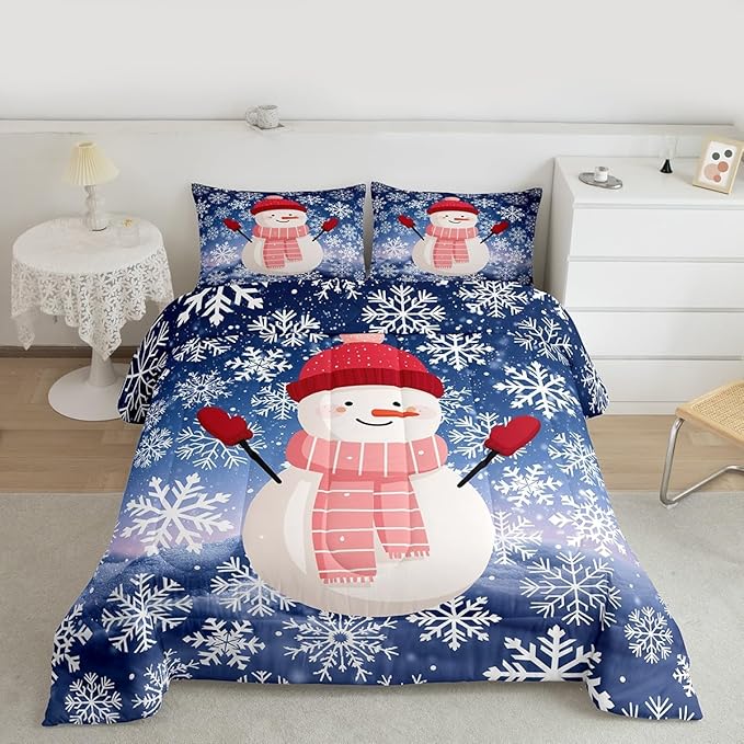 Feelyou Christmas Kids Comforter Set King Size Snowman Purple Blue Gradient Bedding Set Xmas Snowflakes Duvet Quilt for Kids Boys Girls Bedroom Winter Snow Decor Microfiber Ultra Soft Breathable
