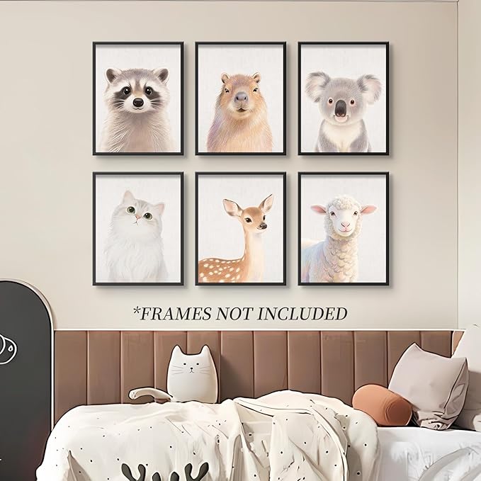 Baby Safari Nursery Wall Decor - Picture Cute Animal Wall Prints on Canvas, Under 20 Dollars Gifts for Baby Boys & Girls Room, UNFRAMED Wall Art Set of 6-8" x 10"