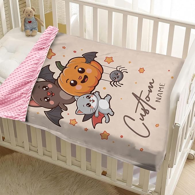Personalized Halloween Blanket for Baby Boys Girls, Custom Baby Blanket with Name, Pumpkin Bat Pattern Soft Minky Dot Blanket, Halloween Decor Christmas Birthday Gifts for Kids Toddlers