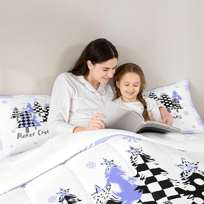 Manfei Xmas Trees Comforter Set Queen Size, Blue Plaid Grid Snowflake Bedding Set 3pcs for Kids Girls Boys Adults Room Decor, Christmas Theme Down Comforter New Year Quilt Set with 2 Pillowcases