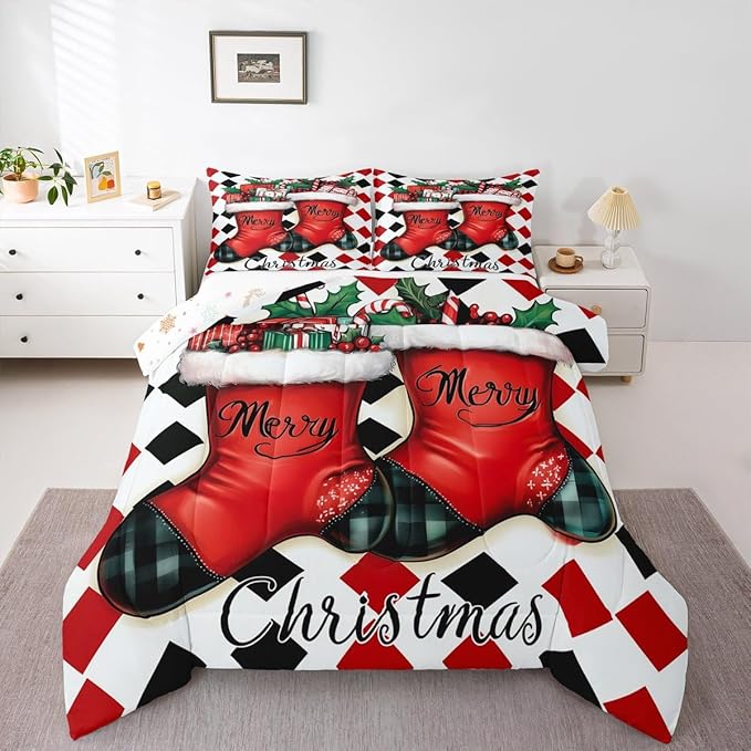 Feelyou Merry Christmas Comforter Set Toddler Size Cartoon Shoes Bedding Set for Kids Boys Girls Duvet Quilt Winter Bedroom Decor Microfiber 2 Pcs with 1 Pillow Cases