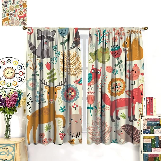 Kids Baby Woodland Blackout Curtains,Forest Animals Plants Cartoon Funny Colorful Deer Fox Owl Pattern Thermal Insulation Window Drapes for Boys Girls Children's Bedroom 63x72in
