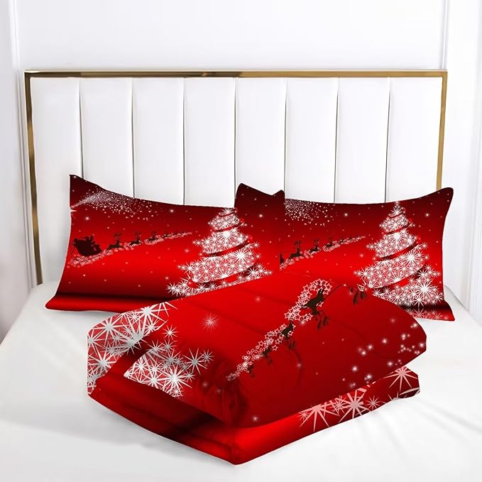 kxry Merry Christmas Comforter Set Santa Claus Deer Christmas Tree Galaxy Red Bedding Quilt Queen Size for Girls Boys Kids 1 Comforter + 2 Pillow Cases