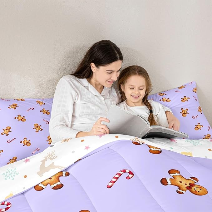 jejeloiu Kids Cute Gingerbread Man Comforter Set Twin Size Christmas Theme Bedding Set for Boys Girls Teens Xmas Candy Cane Happy New Year Purple Duvet Quilt Room Decor