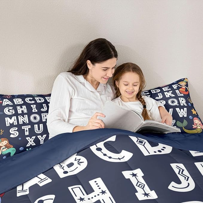 Feelyou Alphabet Kids ABC Learning Bedding Set for Boys Girls, Cute Mermaid Comforter Set Queen Size Educational Nursery Art Duvet Quilt Microfiber Sealife Bedroom Decor 3 Pcs with 2 Pillow Cases