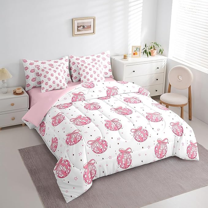 7 Pieces Bow Tie Princess Comforter Set Full,Western Cowgirl Disco Crystal Ball Dreamy Bedding Set,Star Bowknot Patchwork Romantic Pink（Comforter+Fitted+Flat Sheet+2 Pillowcases+2 Throw Pillow Covers）