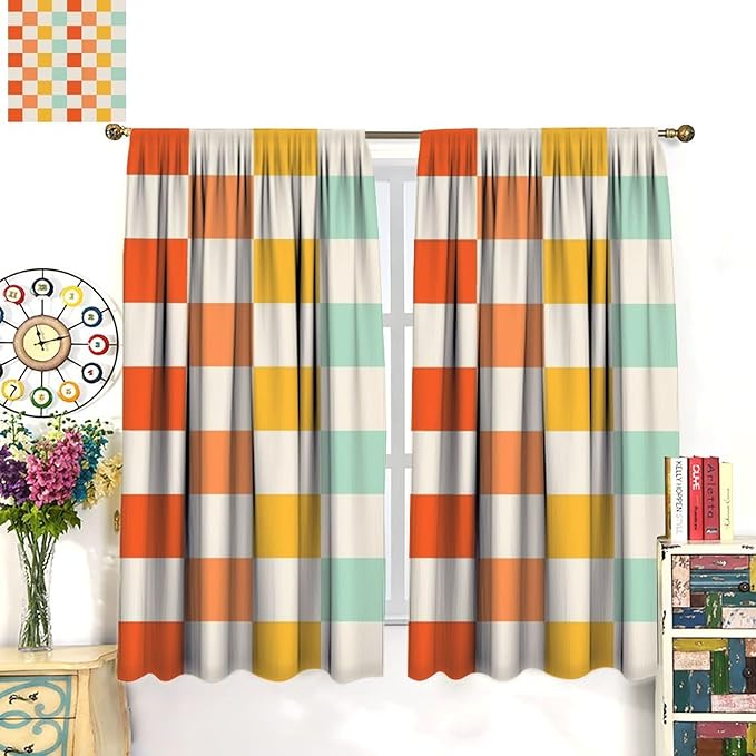 70s Retro Curtains,Cute Green Pink Yellow Checkered Hippie Window Treatments for Kids Girl Bedroom Window 52"" W X 84"" L, Style-7