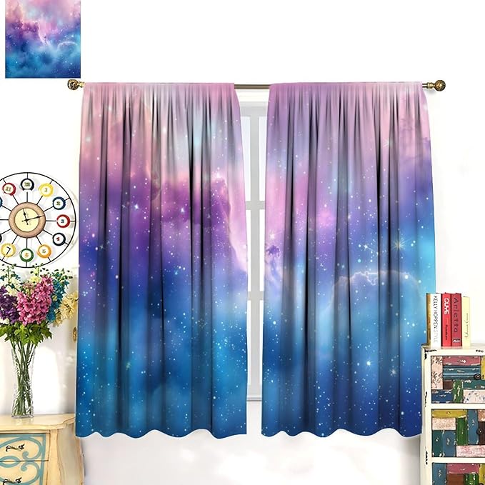 Starry Sky Galaxy Curtains, Outer Space Glitter Dreamy Gradient Romantic Blackout Window Curtains Drapes for Kids Girls Boys Adults Bedroom Nursery 52" W X 84" L