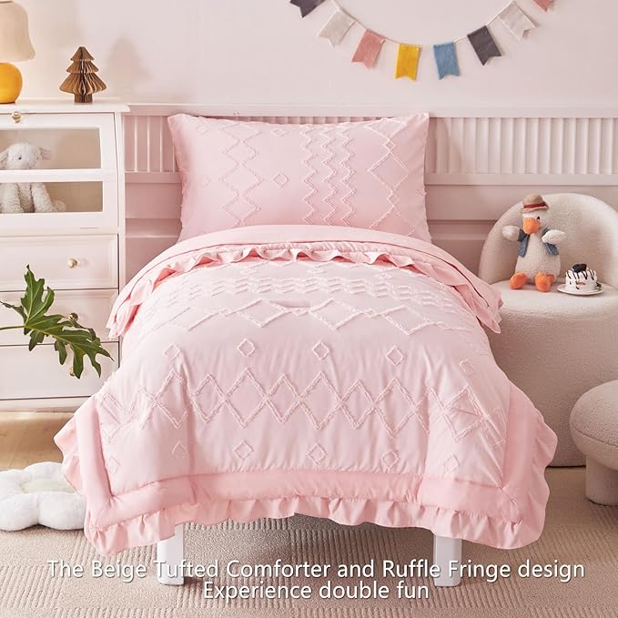 AIKASY Toddler Bedding Set 4 Pieces Super Soft Comforter Set, Shabby Boho Bohemian Design for Boys and Girls（Ruffle Fringe Comforter, Flat Sheet, Fitted Sheet and Pillowcase）- Coral Pink