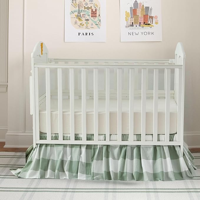 Brandream Gingham Gathered Crib Skirt, Baby Boy, Baby Girl, Gender Neutral Crib Skirt, 100% Cotton, 4-Sided, Green Buffalo Plaid Toddler Bedskirt Farmhouse Chic Nursery Crib Bed Skirt Dust Ruffle