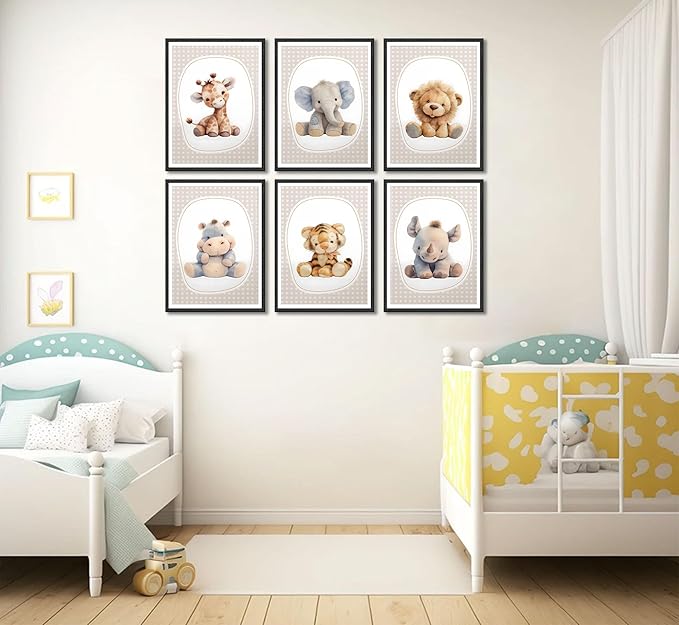 6pcs Nursery Animal Canvas Wall Art Safari Elephant Giraffe Posters Prints Kids Boy Wall Decor Pictures for Baby Boy Girl Toddler Kids Room Decorate Unframed
