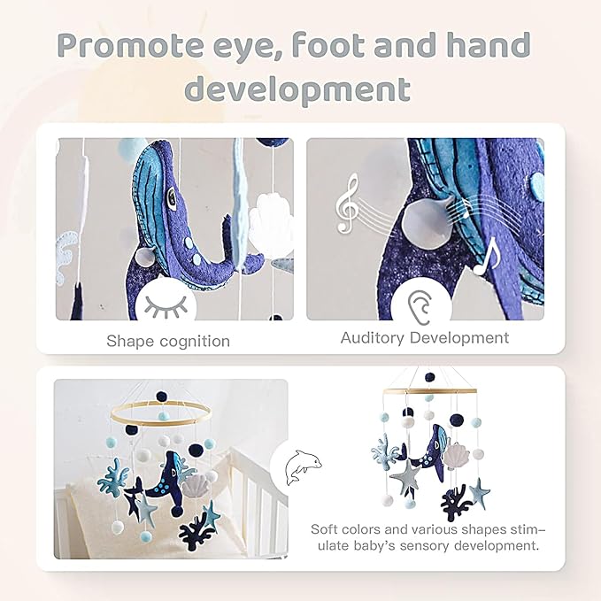Baby Crib Mobile - 160g Animal Nursery Decor, Musical Lullaby Hanging Toys | Whale, Mermaid Sea Theme | Developmental Travel Toy Toddler Bedroom Gift Boys Girls Multiple Uses
