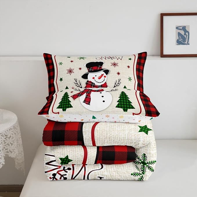 Manfei Cute Snowman Comforter Set Twin Size, Xmas Trees Snowflake Down Comforter with 1 Pillowcase, Christmas Theme Red Plaid Bedding Set 2pcs for Kids Girls Room Decor New Year Duvet Insert