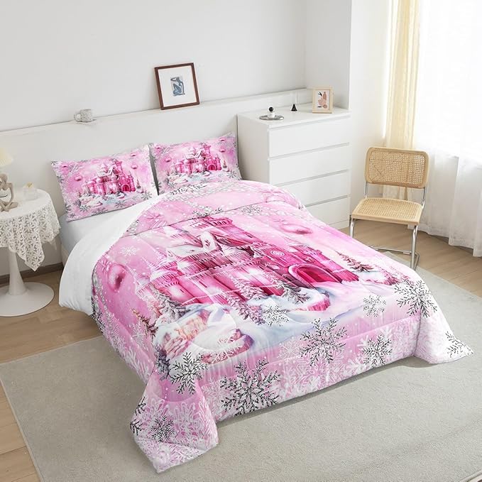Pink Castle Comforter Set Twin Size,Cartoon Fairy Tale Theme Watercolor Bedding Set for Kids Boys Men,Christmas Winter Silver Snowflakes Quilted Duvet Set with 1 Pillowcase