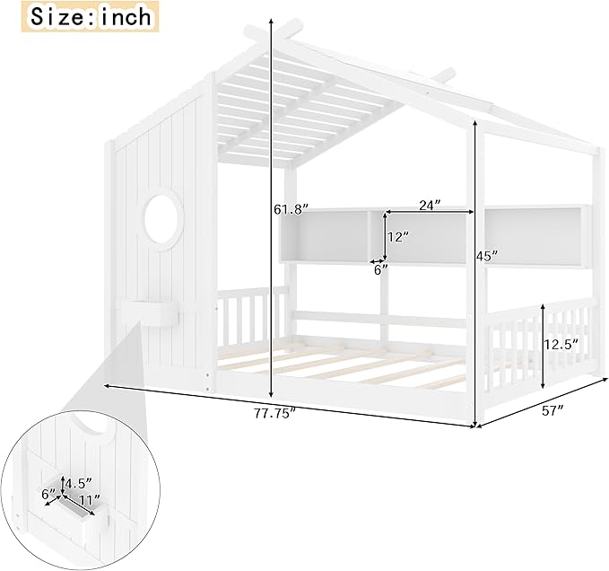 Merax Wood Cute House Bed with Storage Shelves, Full Size Floor Platform Bed Frame with Headboard & Roof Design, No Box Spring Needed, White