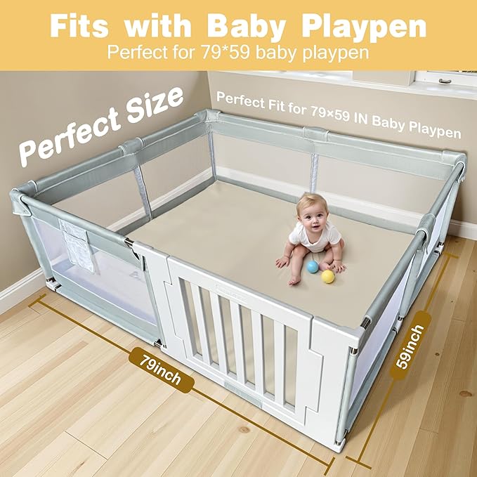Padded 79" ×59" Large Baby Play Mat for Floor, 1.2" Thick Memory Foam Playmat with Soft Vegan Leather Cover, Cushioned Play Mat for 71" x59" Playpens, Grey