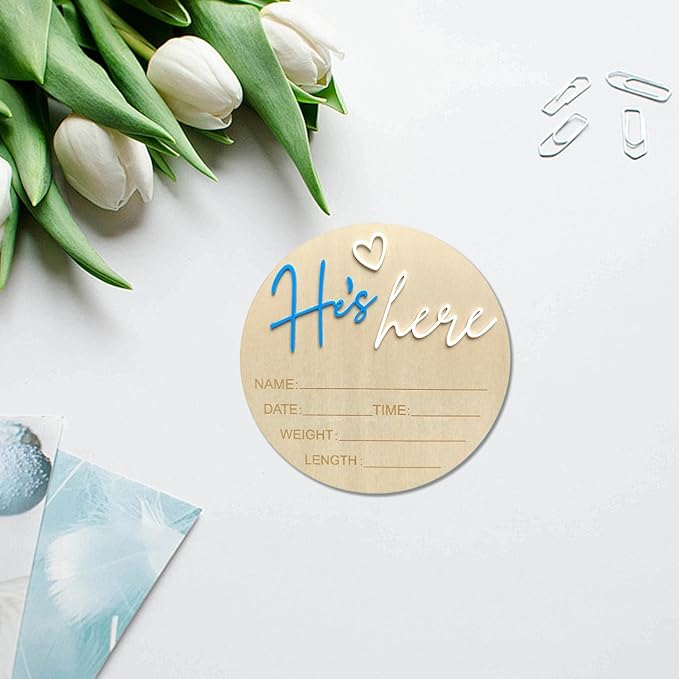 Baby Announcement Sign, 5.9 Inch Wooden Hello World Newborn Signs, Birth Announcement Sign, Gender Reveal Signs, He's here Decoration, Welcome Newborn Arrival To World, Hospital Nursery for Baby (Dark blue He's)