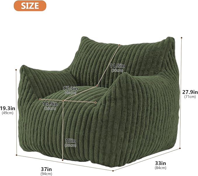 Giant Bean Bag Chairs for Adults with Filling Plush Fluffy Bean Bag Chairs for Teens with Armrests Comfy BeanBag Lazy Couch Sofa Chair for Bedroom Living Room Reading (Green, M-for Teens/Adults)
