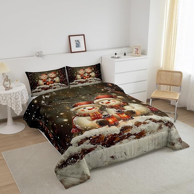 Manfei Kawaii Snowman Kids Comforter Set Twin Size,Dead Tree Winter Snow Romantic Bedding Set,Boys Girls Room Decor,Merry Christmas Down Comforter,Black White Duvet Insert,1 Pillowcase