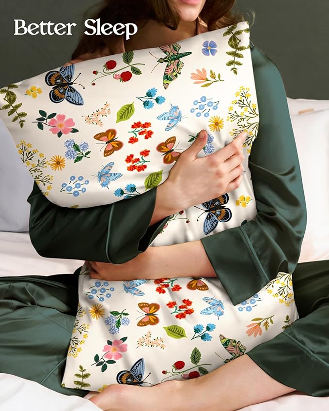 Silk Pillowcase 2 Pack - Pillow Cases 20" x 30" Queen Size Set of 2 for Hair and Skin Smooth Soft Breathable with Hidden Zipper Cooling Pillow Covers for Sleeping, Butterfly Leaf
