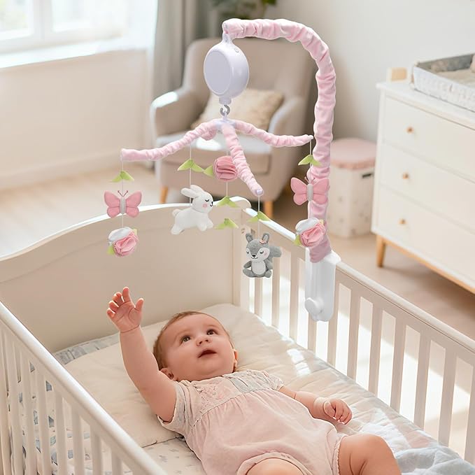 Baby Crib Mobile for Girls, Soft Knitted Woodland Characters Rabbit Squirrel, Pink and White Nursery Decor, Calming Soother with 12 Lullabies Essential and Perfect Gift for Girls