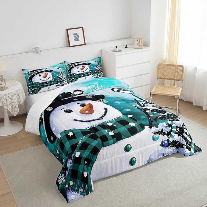 Feelyou Kids Christmas Theme Decorations Bedding Set Xmas Snowman Comforter Set for Boys Girls Snowflake Kawaii Cute Comforter Watercolor Teal Quilt Set Bedroom Collection Toddler Size