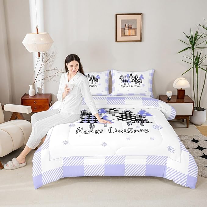Manfei Xmas Trees Comforter Set Queen Size, Blue Plaid Grid Snowflake Bedding Set 3pcs for Kids Girls Boys Adults Room Decor, Christmas Theme Down Comforter New Year Quilt Set with 2 Pillowcases