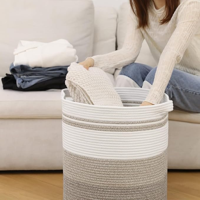 laundry hamper 18x18x20,80L – large basket for blankets,toy basket, Cotton Rope Blanket Basket Living Room, Baby Laundry hamper for Blanket, Nursery, –stuffed animal storage( Double khaki)