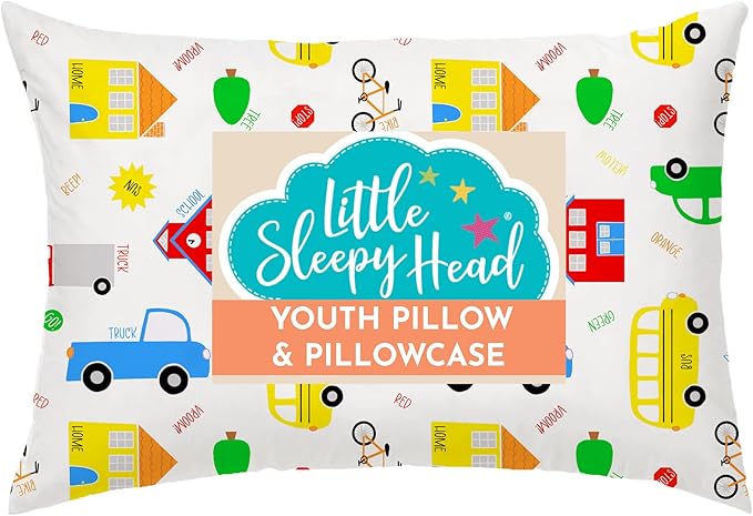 Little Sleepy Head Youth Pillow with Pillowcase 16x22, Soft Jumbo Toddler Pillows, Hypoallergenic Pillow Case - Best Kids Pillows for Sleeping, Perfect Kids Travel Pillows (Trucks 'N Cars)