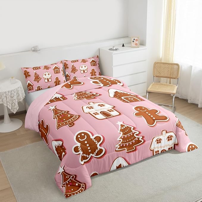 Feelyou Christmas Comforter Set Full Size Gingerbread Man Bedding Set for Kids Boys Girls Snowflake Duvet Quilt Xmas Tree Bedroom Decor Microfiber 3 Pcs with 2 Pillow Cases