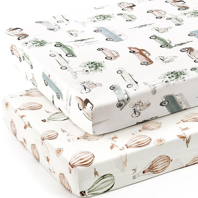 Stretch Ultra Soft Jersey Knit Fitted Crib Sheets Set 2 Pack，Fit All Standard Crib Mattress Pads Safe and Snug, Crib Fitted Sheet for Boys and Girls, Stylish Cars Print Kids Sheets for Boys