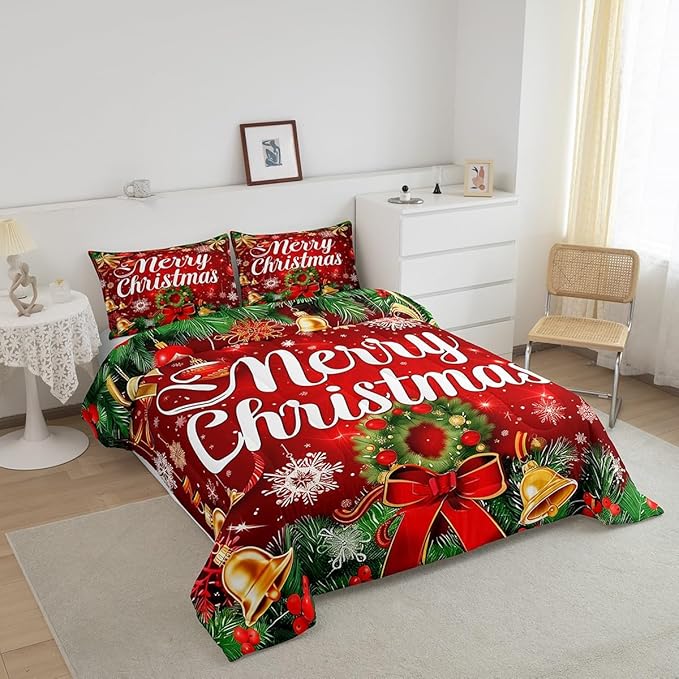 Christmas Wreath Comforter Set Twin Size,Red Bowkont Gold Bell Bedding Set for Kids Boys Girls Room Decor,Snowflake Merry Christmas Quilt Set 2Pcs,Green Leaves Xmas Theme Duvet Insert,1 Pillowcase