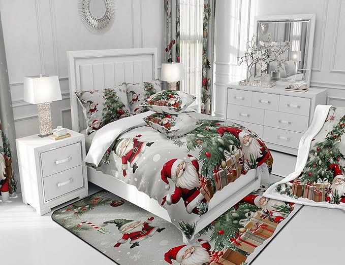 Merry Christmas Bedding Set Full Size,Christmas Tree Snowflake Comforter Set for Kids Boys Girls Room Decor,Santa Claus X'mas Theme Duvet Insert 3Pcs,Star Polka Dot Glitter Quilt Set,2 Pillowcases