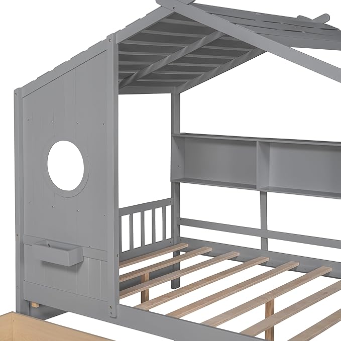 Bellemave Full Size House Bed with 2 Storage Drawers,Kids Bed with Storage Shelves,Wooden House Bed Frame for Girls,Boys,Can be Decorated,Gray