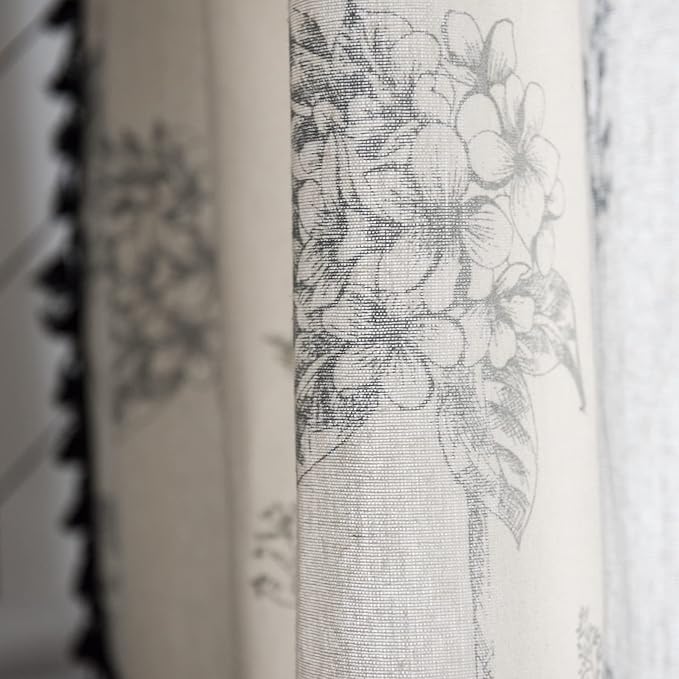 Boho Curtains 84 Inch Length 2 Panels Farmhouse Living Room Semi Sheer Drapes Vintage Floral Tassel Window Curtain Panel Bedroom Grey and Off White Cotton Linen Blend Rod Pocket Window Treatment