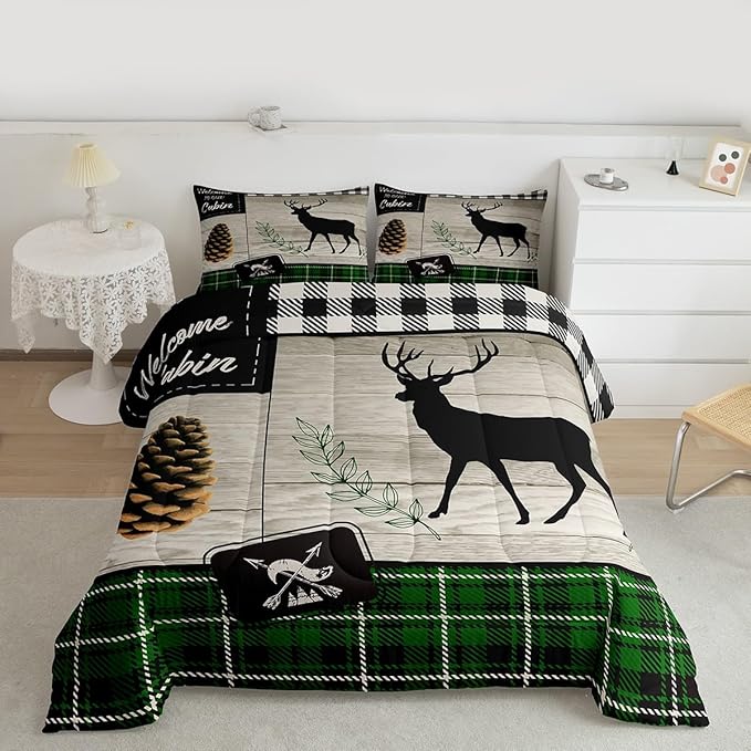Deer Silhouette Kids Comforter Set Twin Size,Old Plank Leaves Bedding,Girls Boys Adults Bedroom/Xmas Cabin Decor,Geometric Grid Plaid Retro Down Comforter,Rustic Farmhouse Duvet Insert,1 Pillowcase