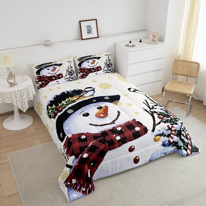 Feelyou Kids Christmas Theme Decorations Bedding Set Xmas Snowman Comforter Set for Boys Girls Snowflake Kawaii Cute Comforter Beige Golden Quilt Set Bedroom Collection Toddler Size