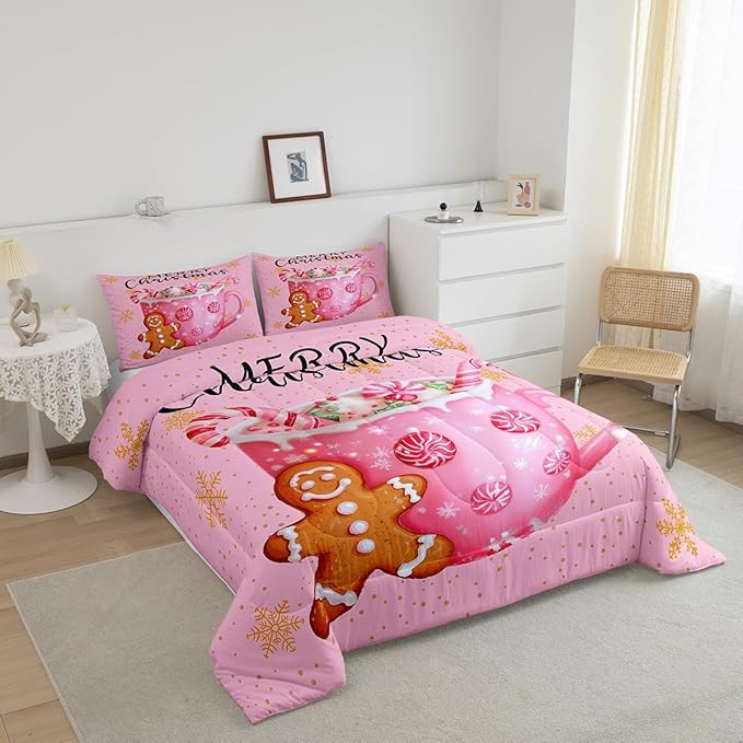 Erosebridal Merry Kids Twin Comforter Sets Christmas Decor Bedding Sets Pink Xmas Snowflake Down Comforter Dessert Gingerbread Man Bed Set for Boys Girls Teens