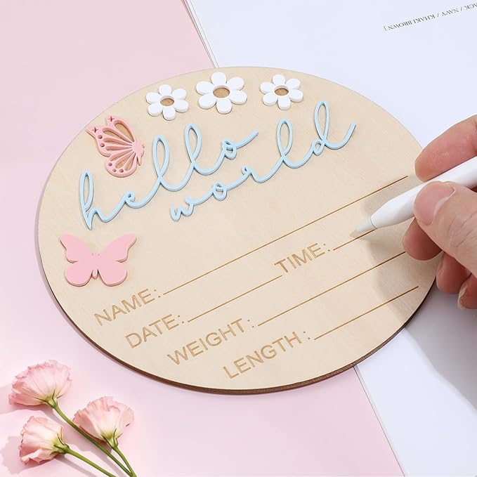 5.9 Inch Wooden Hello World Baby Announcement Sign, Newborn Welcome Board with Pink Butterfly, Baby Shower Hospital Nursery Photo Props for Boys & Girls
