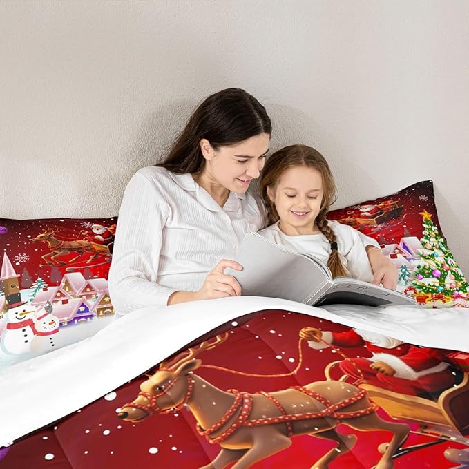 Manfei Christmas Comforter Set Twin Size, Snowman Xmas Tree Bedding Set 2pcs for Kids Boys Girls Room Decor, Santa Claus with Reindeer Quilt Set New Year Theme Duvet Set with 1 Pillowcase
