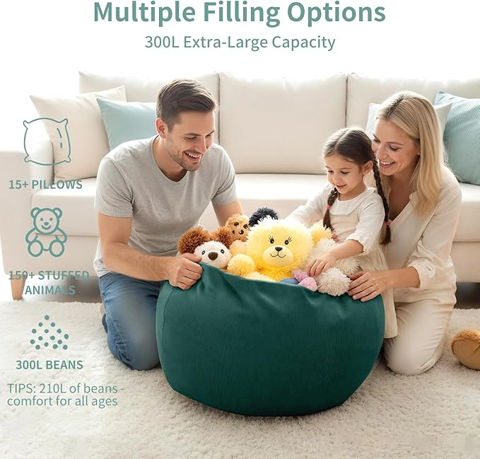 Nobildonna 3 ft Bean Bag Chair Cover (No Filler) 35"×43" Large Stuffed Animal Storage Bean Bag Washable Big Beanbag Chair Cover Premium Corduroy Bean Bag Cover for Adults,Kids,Hunter Green 300L