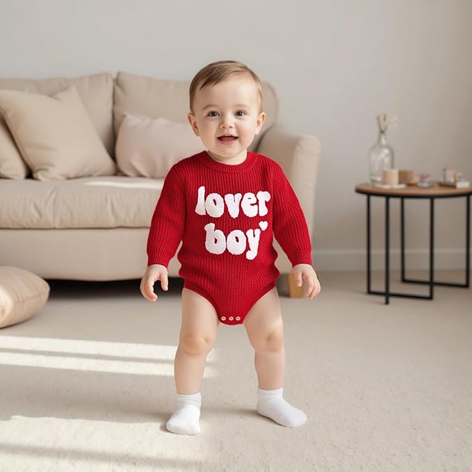 Lesimsam Newborn Baby Boy Girl Valentines Day Outfit Oversized Embroidery Long Sleeve Knit Sweater Bubble Romper Bodysuit