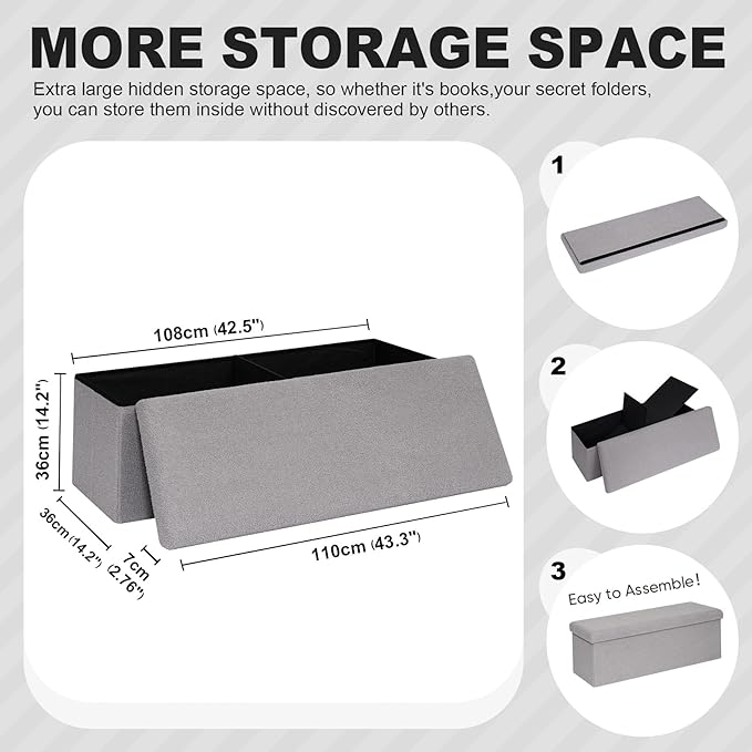 PINPLUS Storage Ottoman Bench Sherpa Foot Rest, Foldable Boucle Ottomans, Large Faux Teddy Fur Ottoman Storage Box Entryway Bench for Dorm, Grey 43.3'' x 15'' x 15''