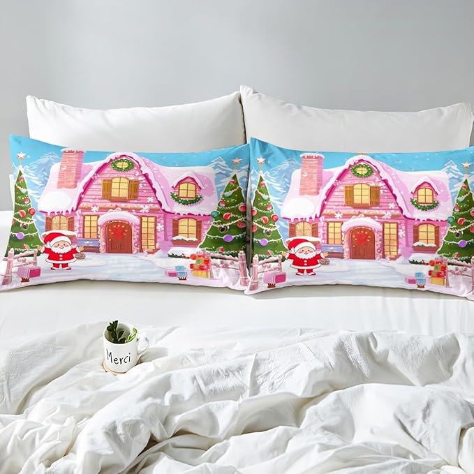 Feelyou Merry Christmas Pink Comforter Cover Set Cartton Cute Santa Claus Bedding Set King Size for Kids Boys Girls Bedroom Bed Decor Xmas Duvet Cover Set Soft Quilt Cover,No Comforter