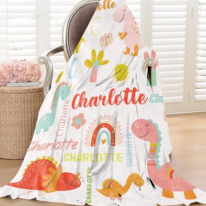 Personalized Dinosaur Blanket with Name for Girl, Custom Kids, Soft Flannel Pink Toddler Customized Gift Birthday Christmas Baby Shower Children Day, 40''x50'' child