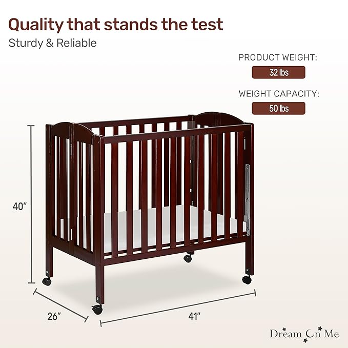 Dream On Me 3-in-1 Portable Folding Stationary Side Mini Baby Crib in Espresso & Mattress, GreenGuard Gold & JPMA, Use as Changer & Playpen, Locking Wheels, 3 Mattress Heights, Extra Firm Mattress