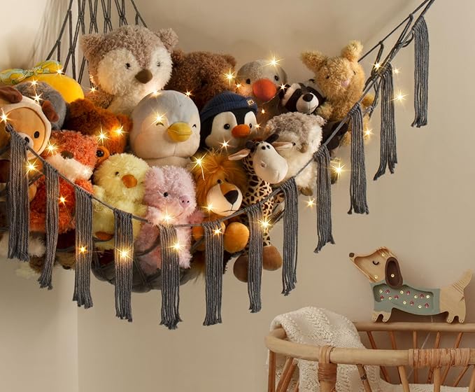 Stuffed Animal Hammock Corner Storage with LED Light - Toy Hammock Large Plushie Net - Stuffed Animal Holder Hanging Organizer - Teddy Bear Hammocks Room Decorations Preppy Toddler Kids Room Decor