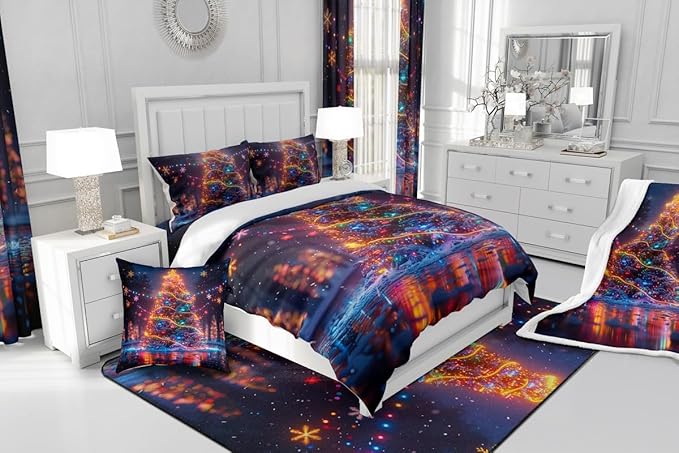 3D Christmas Tree Comforter Set King Size,Snowflake Glitter Polka Dot Duvet Insert for Kids Boys Girls Room Decor,Merry Christmas Bedding Set 3Pcs,Xmas Neon Style Fashion Quilt Set,2 Pillowcases