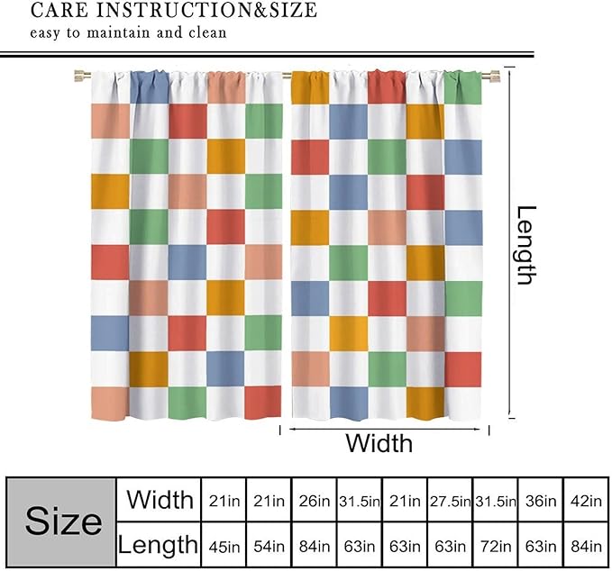 Retro Checkered Curtains,70s Vintage Twisted Checkered Window Drapes Colorful Groovy Trendy Wavy Hippie Grid Print Window Treatments for Kids Girls Bedroom Living Room Bathroom 42" W X 54" L