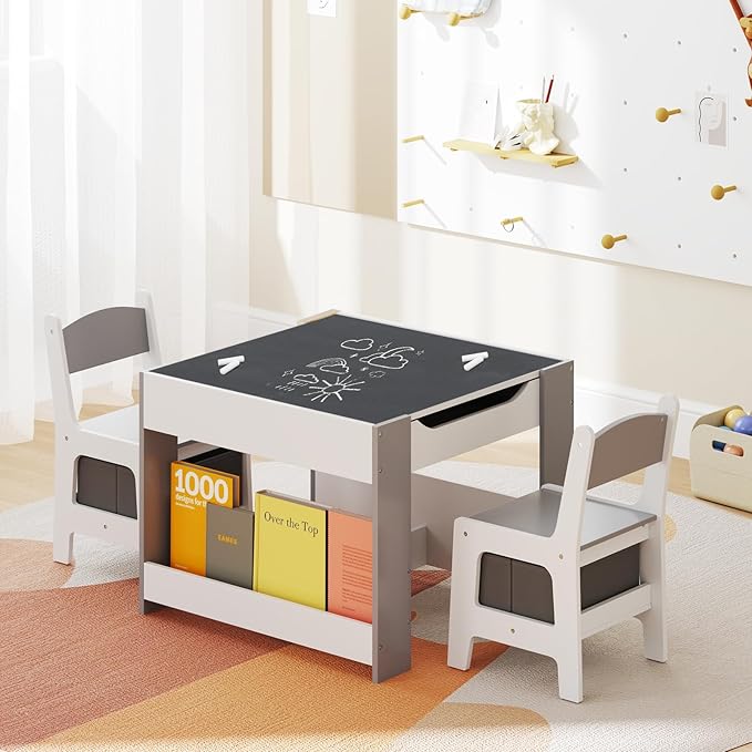 HONEY JOY Kids Table and Chairs, 4-in-1 Children Wooden Activity Set w/Double Bookshelves, Storage, Detachable Tabletop, for Art, Craft, Drawing, Reading, Gift for Toddlers 3-6 Years Old (Gray)